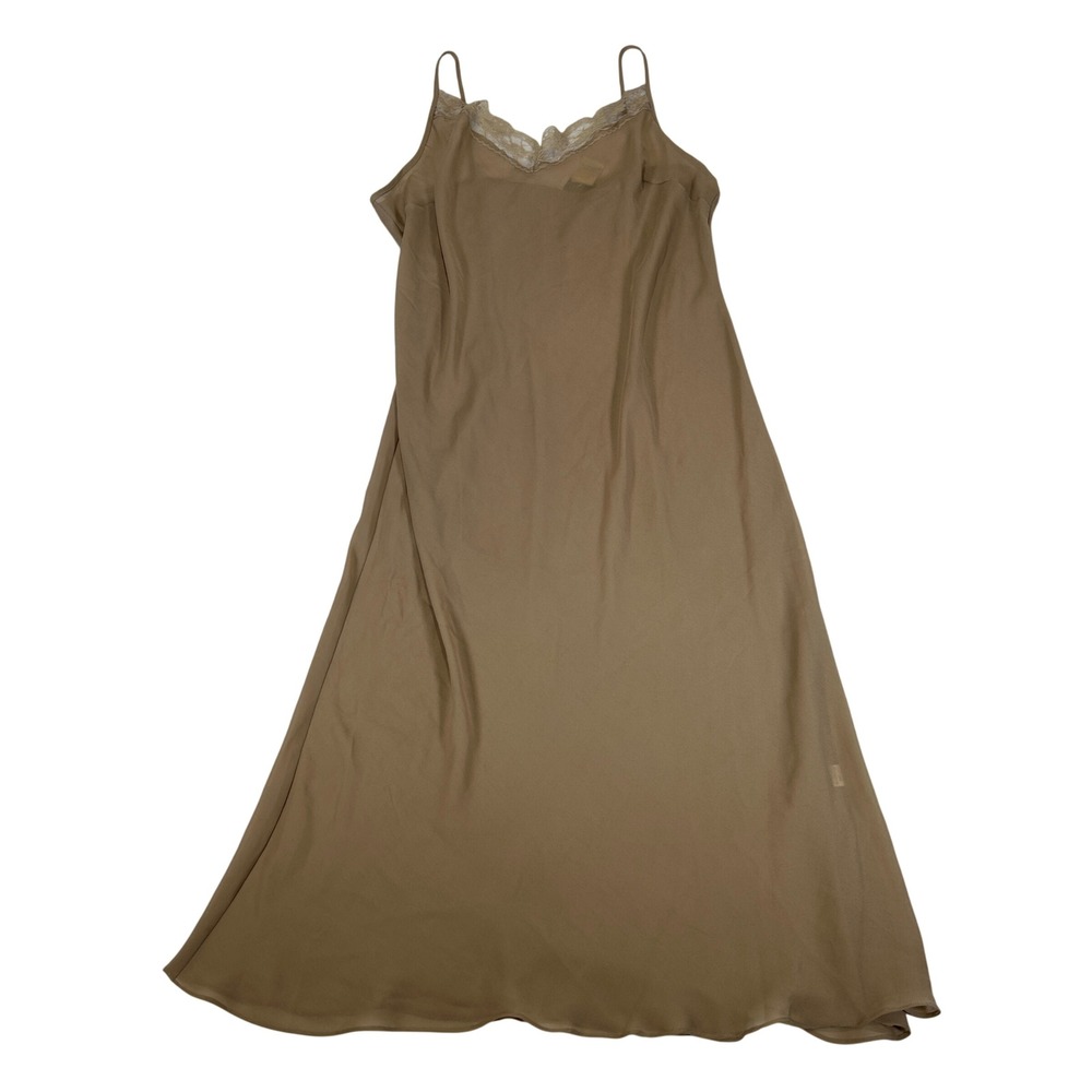 i(E Ice VTG Tan 100% Silk Lace Trim V-Neck Spaghetti Strap Slip Dress Size 18
